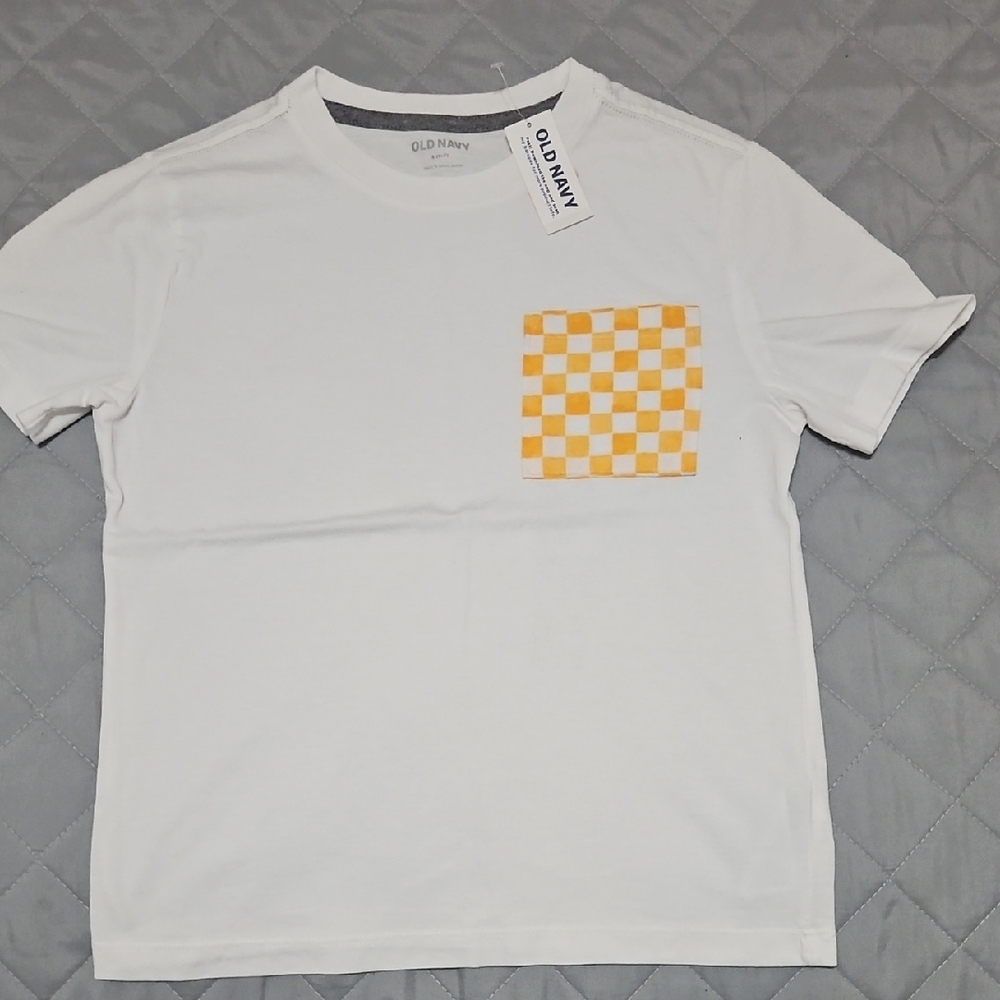 Old Navy White Tee with Orange Checkered Pocket